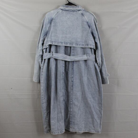Belle Bloom Jacket Large Trench Skies Stylish Light Blue Denim Coat Belted Chic - Picture 12 of 16